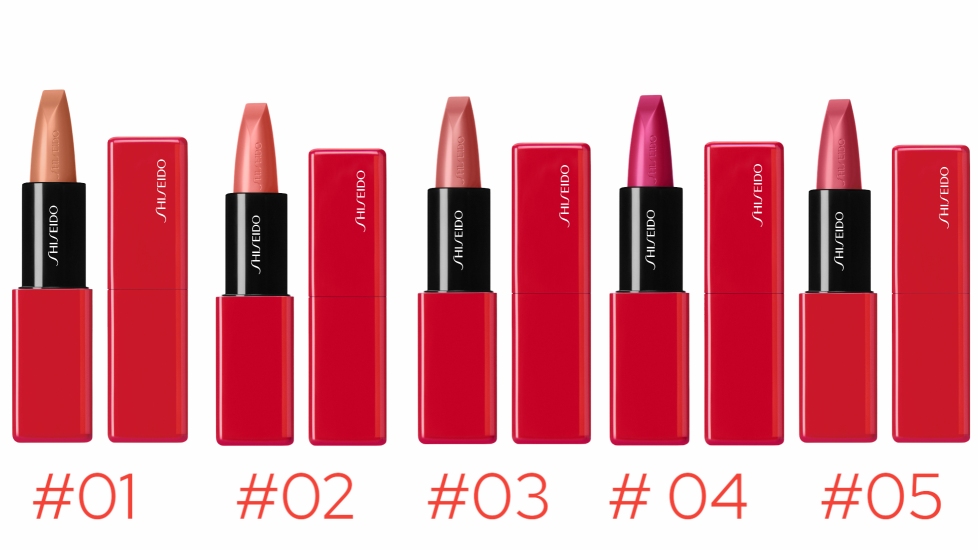Shiseido TechnoSatin Gel Lipstick: #01 Augmented Nude 403 (caramel), #02 Chatbot 402 (light peach), #03 Data Stream 404 (rose mauve), #04 Fuchsia Flux 422 (fuchsia pink) und #05 Harmonic Drive 409 (raspberry). © Shiseido